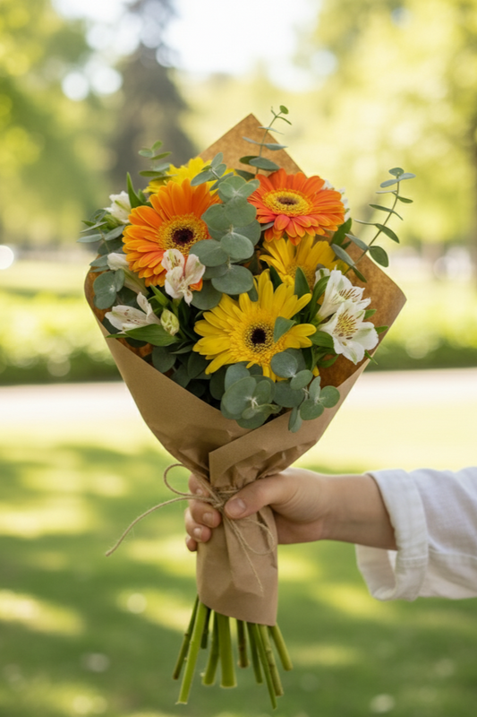 Bouquet of flowers held by a person in a park