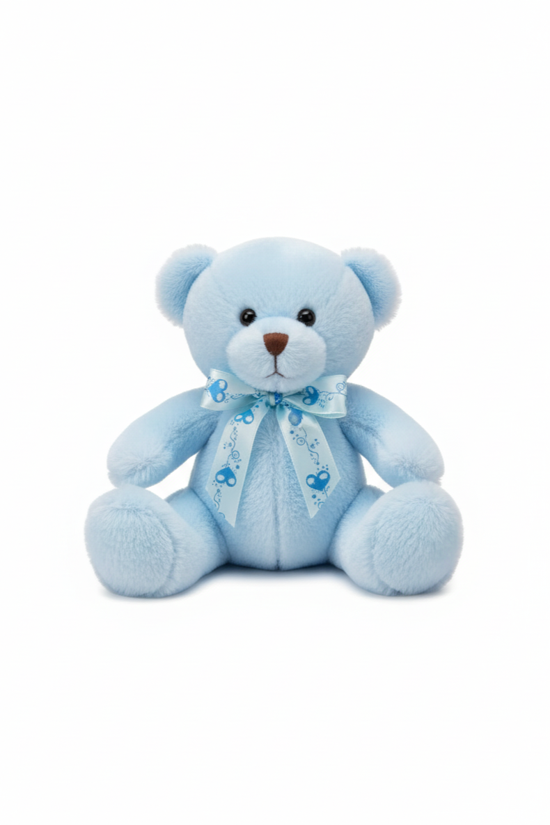 Blue teddy bear with a bow on a white background
