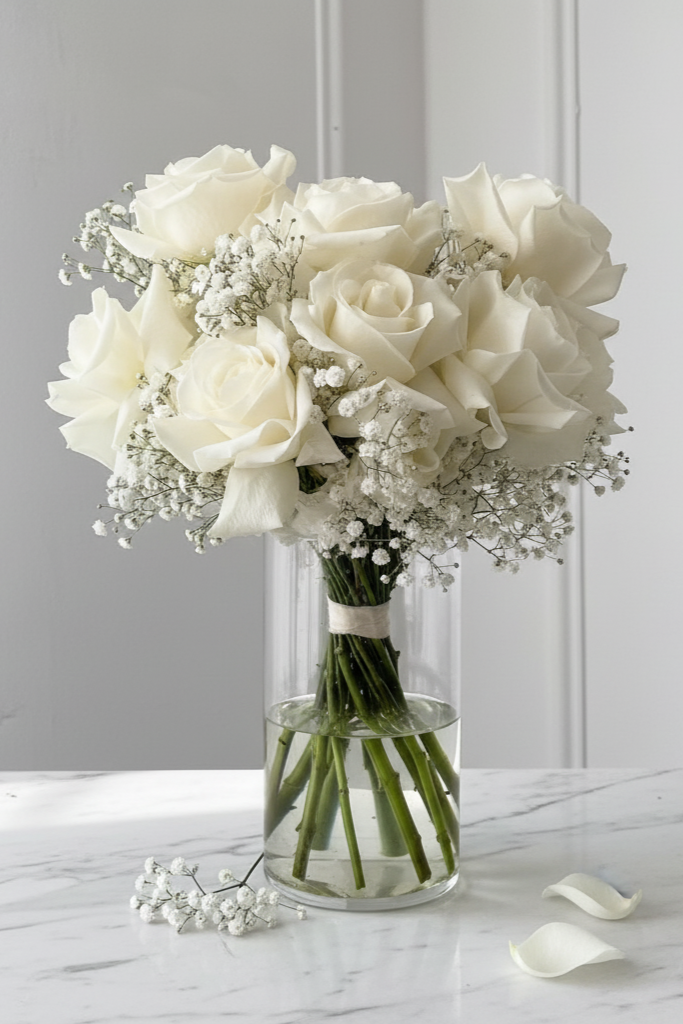 Bouquet of white roses with baby's breath in a clear vase on a light wooden surface.