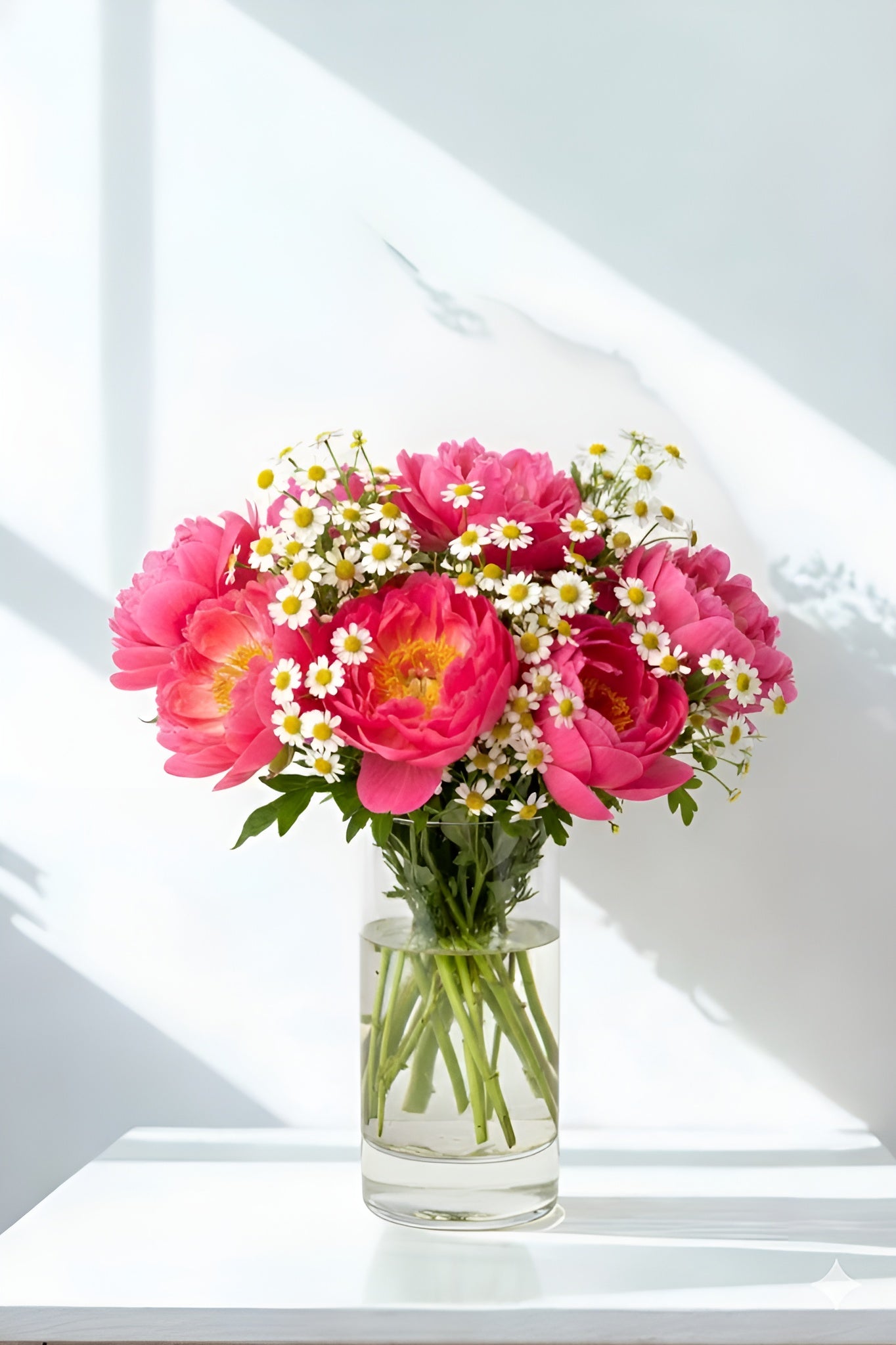 Bouquet of pink flowers with green leaves in a clear vase on a white surface.