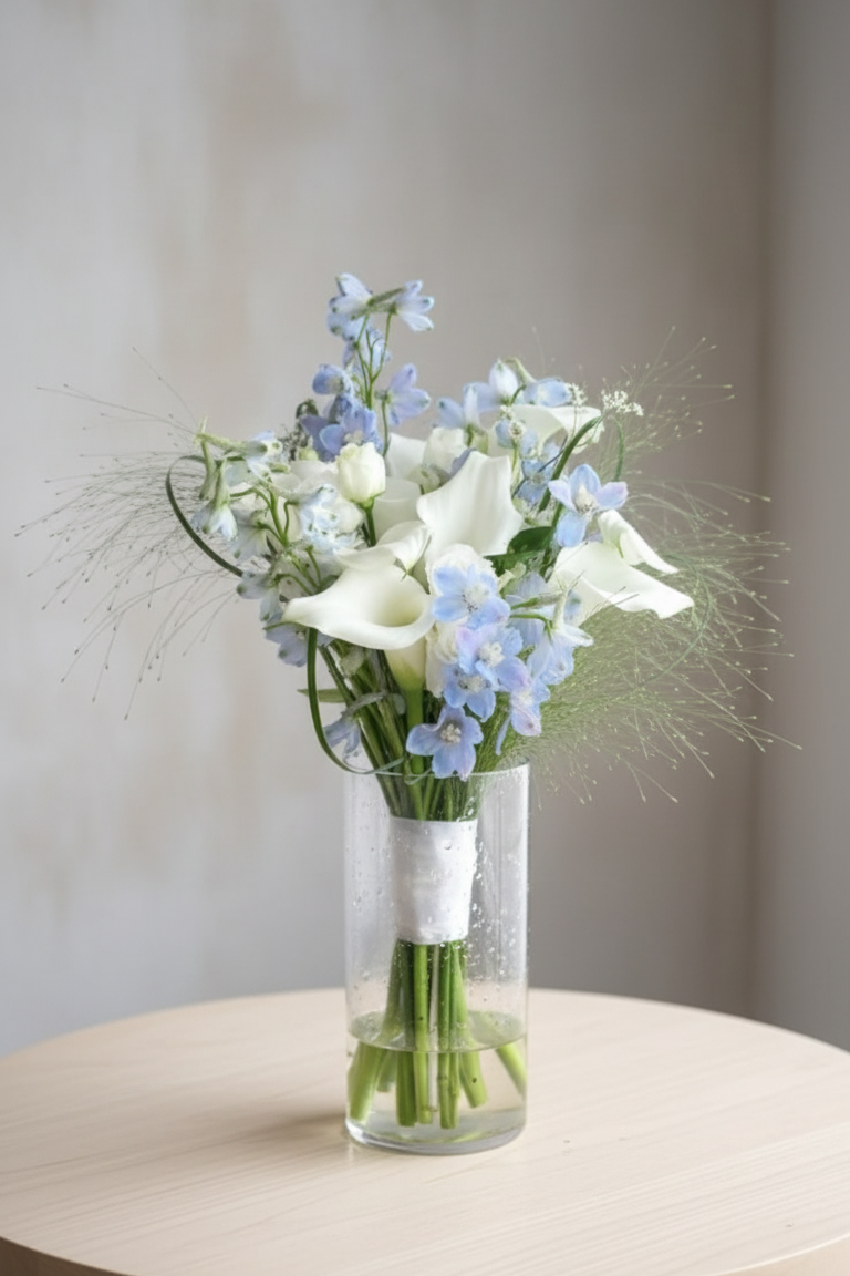 Bouquet of flowers in a clear vase on a round wooden table with a neutral background