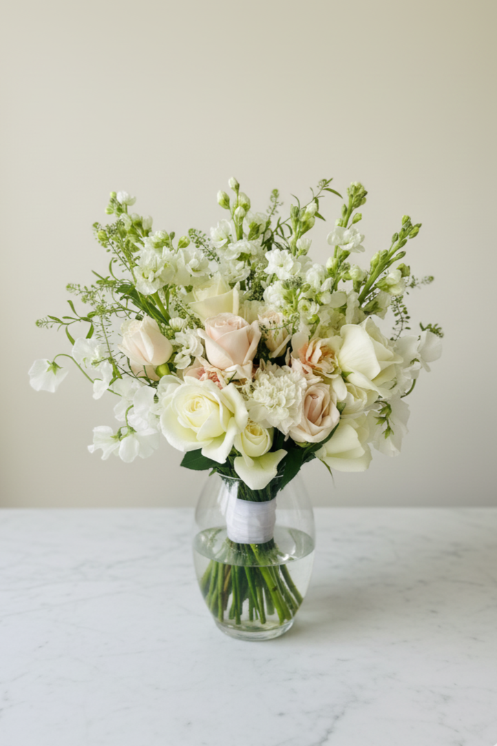 Bouquet of flowers in a clear vase on a marble surface with a neutral background
