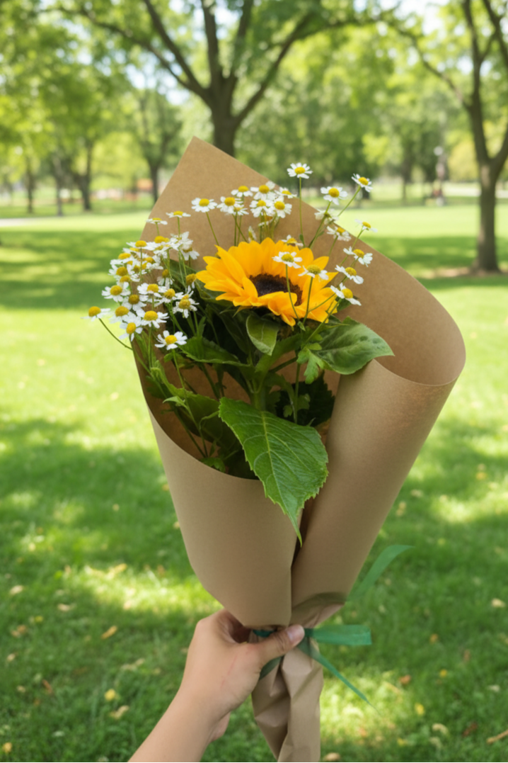 Bouquet of sunflowers and daisies wrapped in brown paper held in a park.