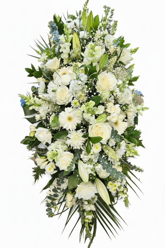 Floral arrangement with white and green flowers on a white background