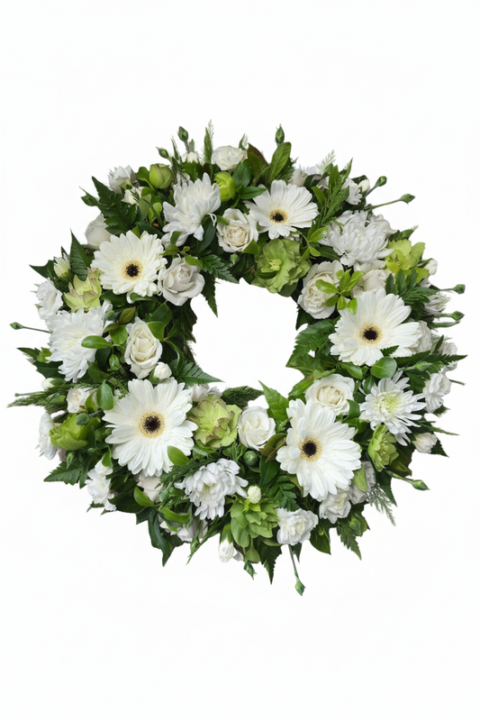 Floral wreath with white and green flowers on a white background