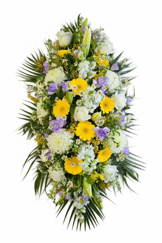 Floral arrangement with yellow, white, and purple flowers on a white background