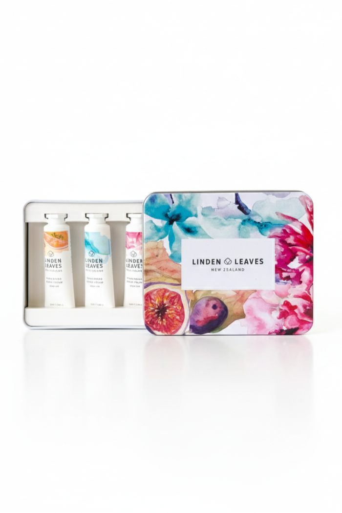 Linden Leaves skincare set with floral packaging on a white background