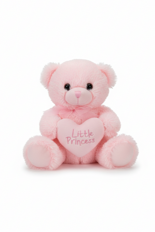 Pink teddy bear with a heart that says 'Little Princess' on a white background