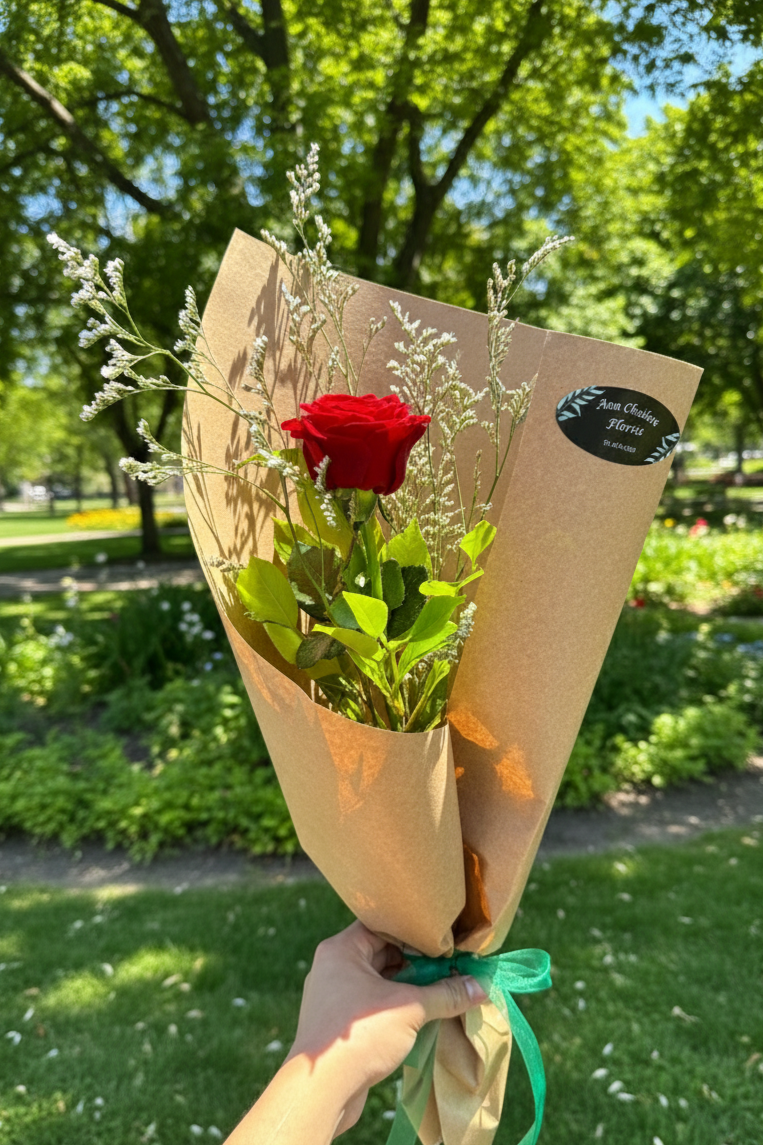 Bouquet of red roses in brown paper with a green ribbon held in a park.