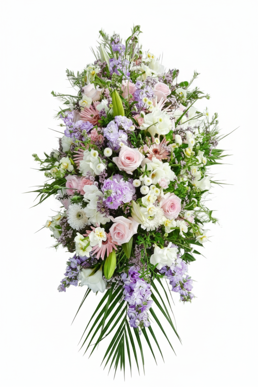 Elegant floral arrangement with a mix of green, pink, and purple flowers on a white background