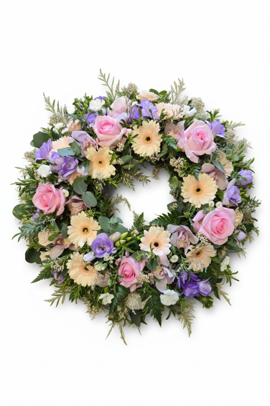 Floral wreath with pastel flowers on a white background