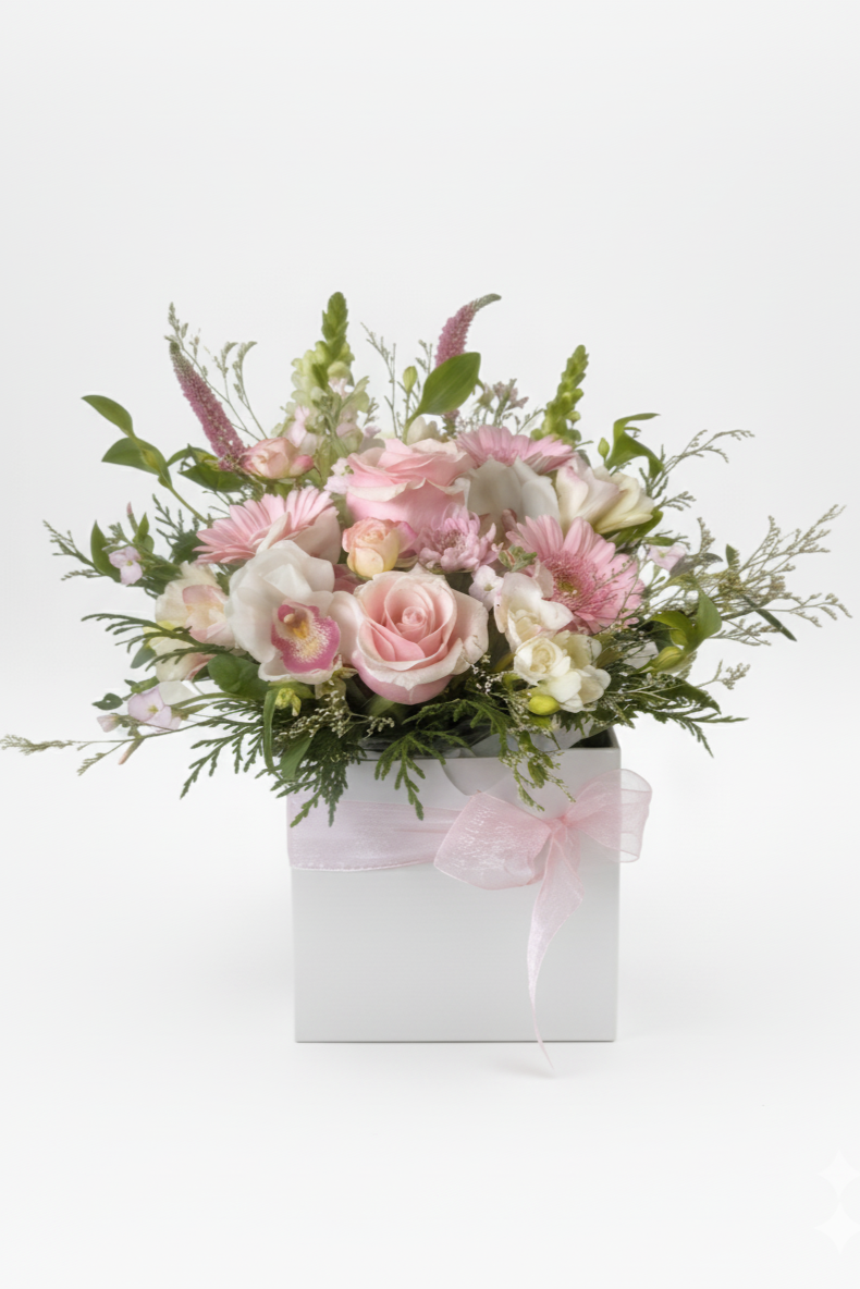 Floral arrangement in a white box on a light gray background