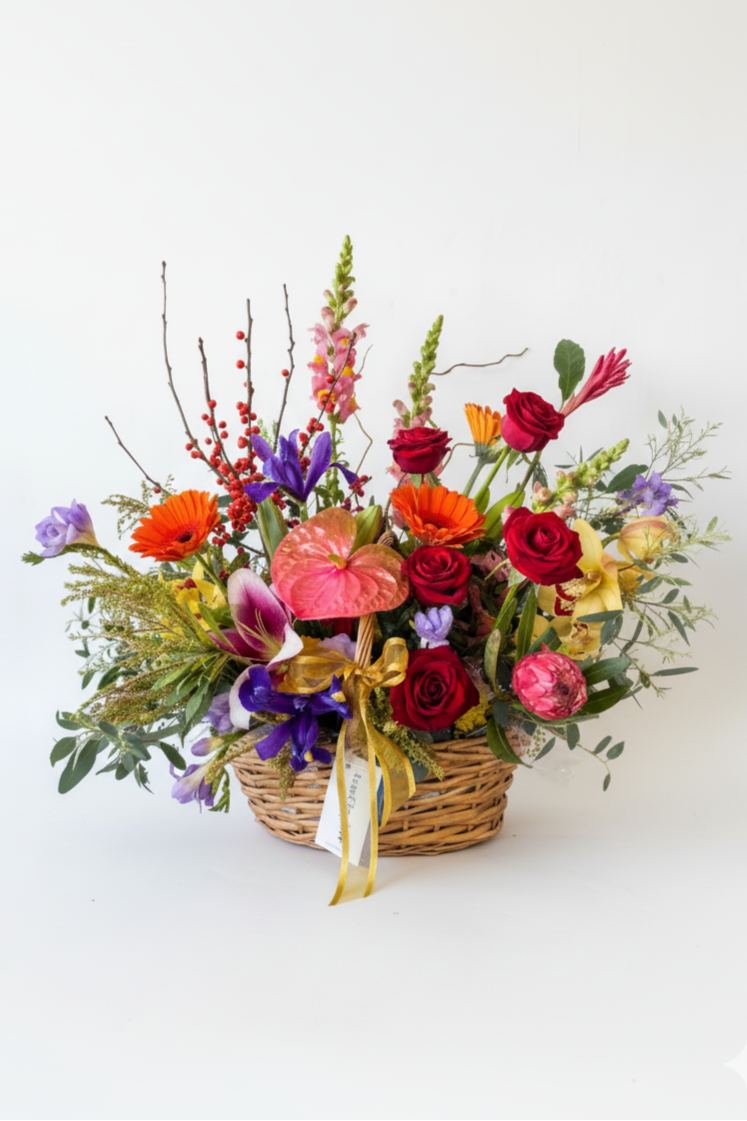Colorful flower arrangement in a wicker basket on a white background
