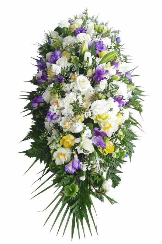Floral arrangement with white, purple, and yellow flowers on a white background