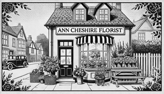 Vintage-style black-and-white illustration of Ann Cheshire Florist with flowers displayed outside.