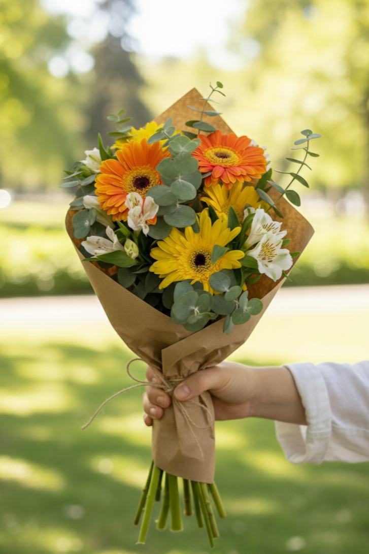 Bouquet of flowers held by a person in a park