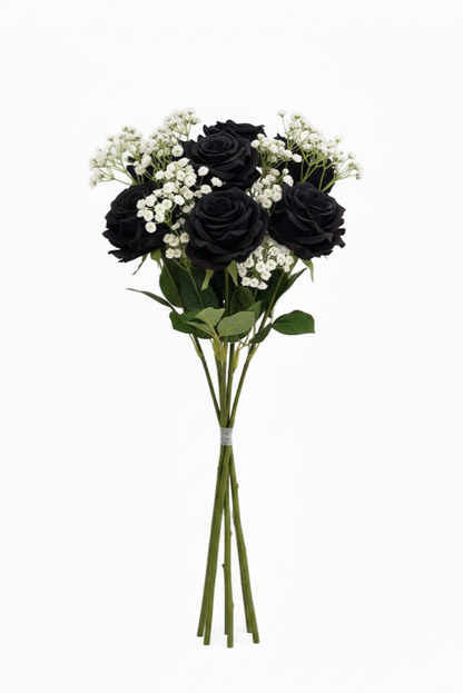 Bouquet of black roses with white flowers on a white background