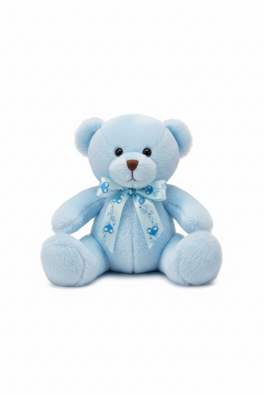 Blue teddy bear with a bow on a white background