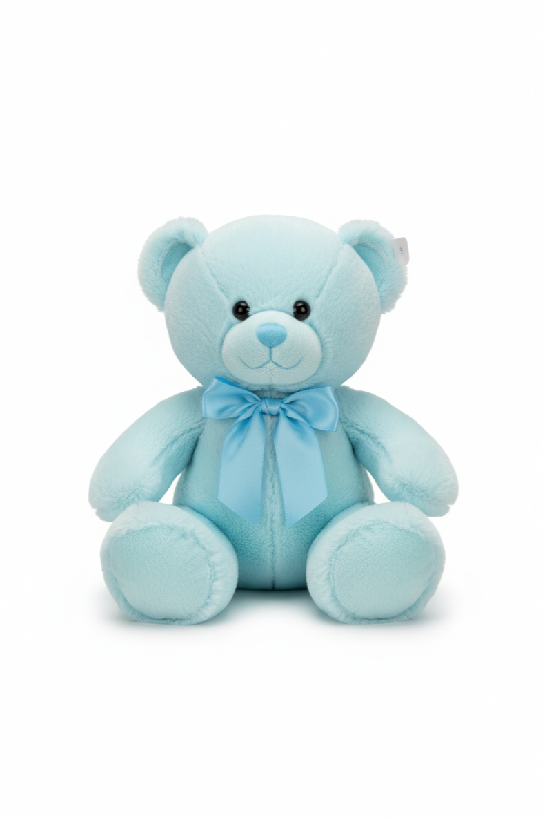 Light blue teddy bear with a bow on a white background