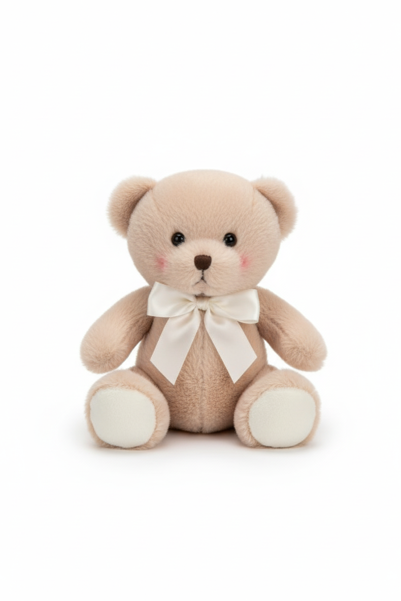 Beige teddy bear with a white bow on a white background