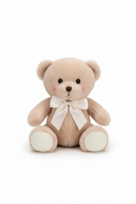 Beige teddy bear with a white bow on a white background