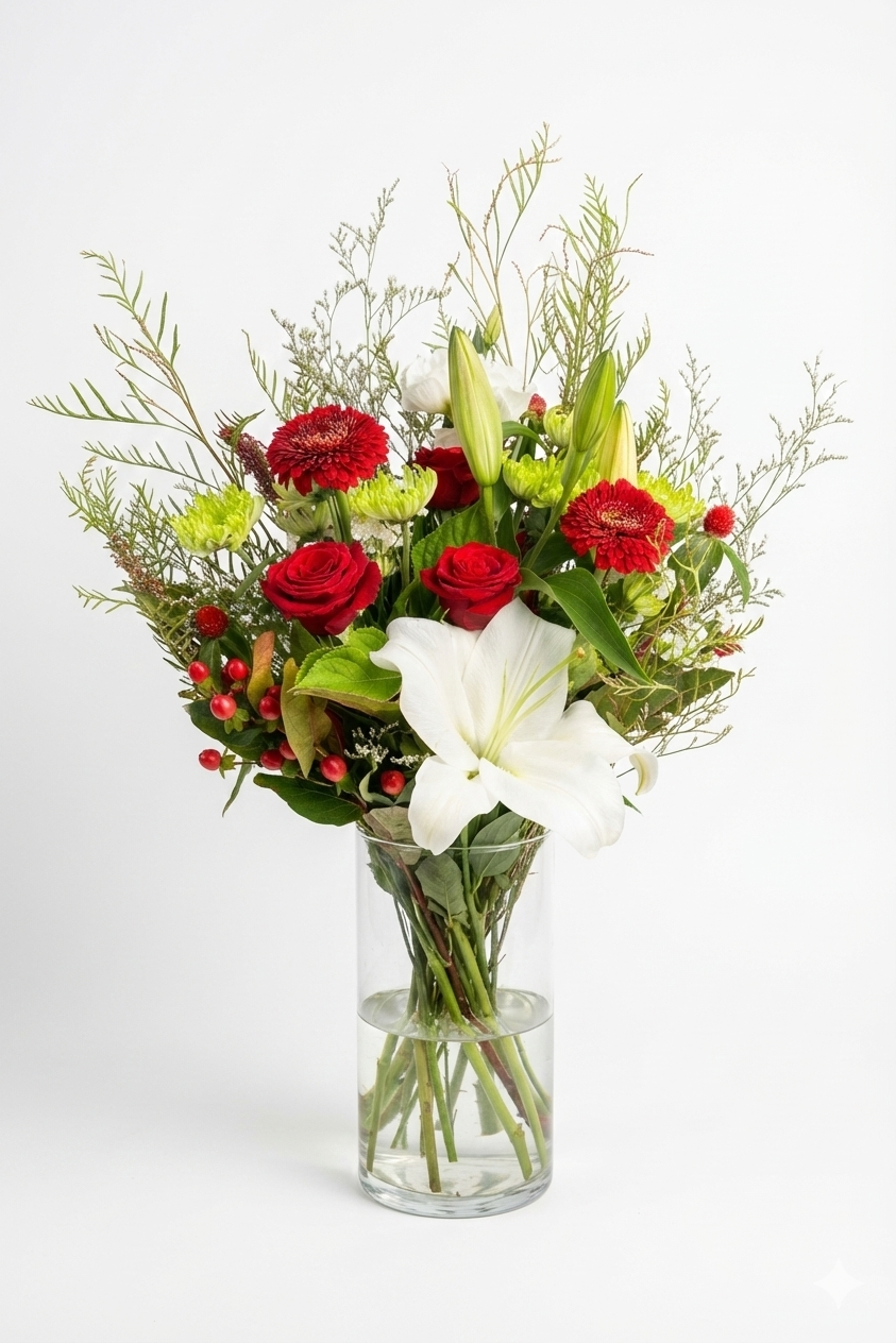Bouquet of flowers with red, white, and green colors in a clear vase on a white background
