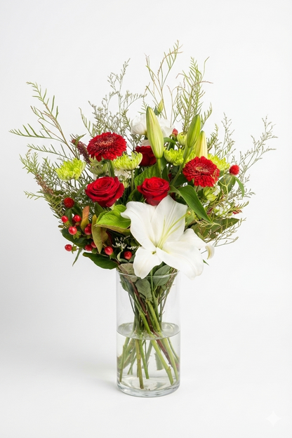 Bouquet of flowers with red, white, and green colors in a clear vase on a white background