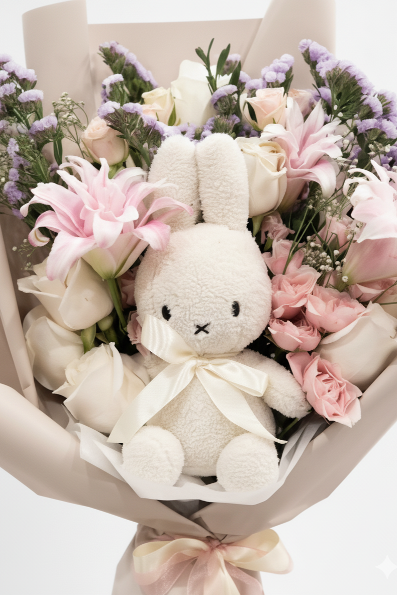 Bouquet of flowers with a plush bunny toy in the center