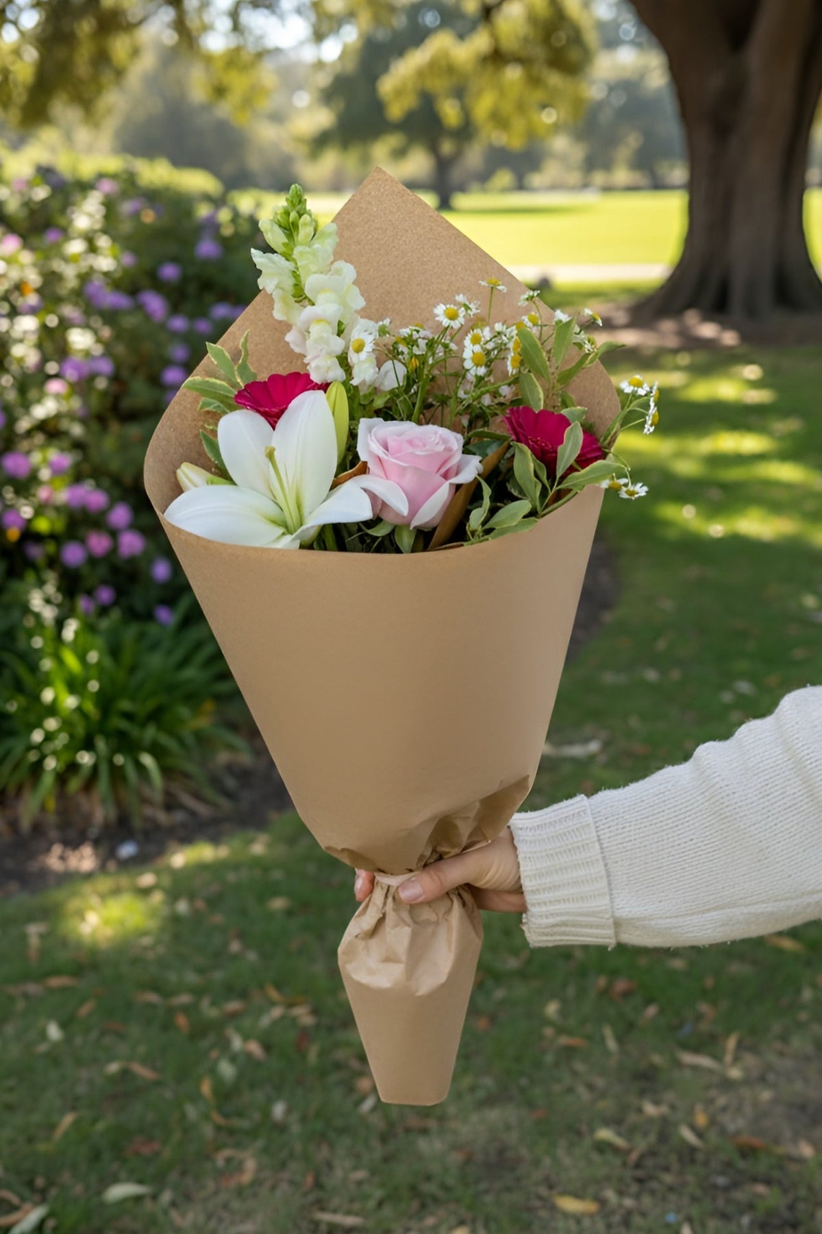 Bouquet of flowers wrapped in brown paper held by a person outdoors.