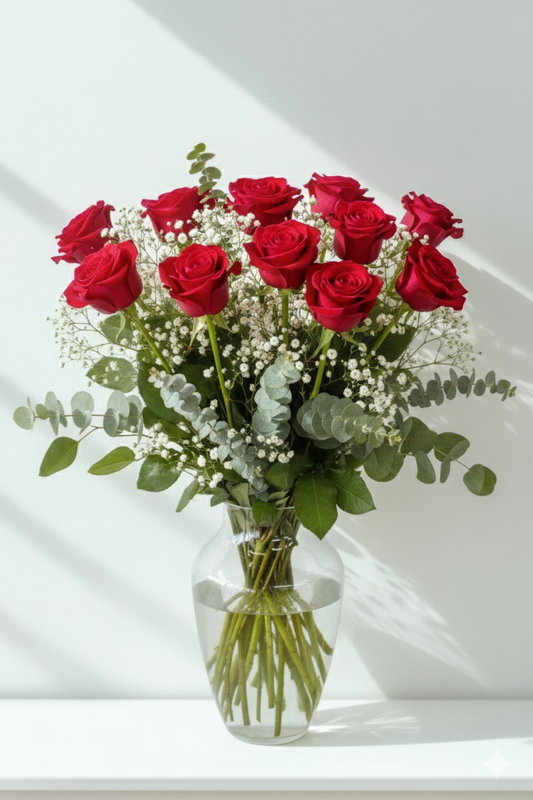 Bouquet of red roses with greenery in a clear vase on a white surface.