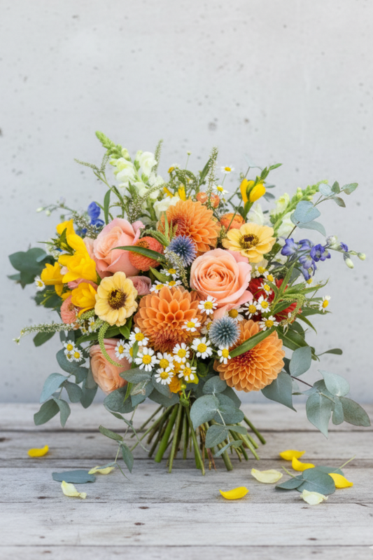 Bouquet of flowers with yellow, orange, and pink colors on a wooden surface.