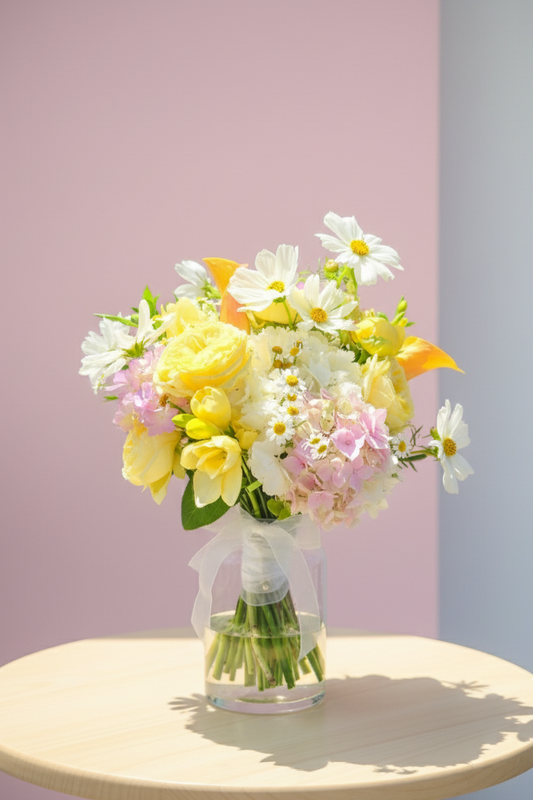 Bouquet of flowers in a clear vase on a round wooden table with a pink and gray background