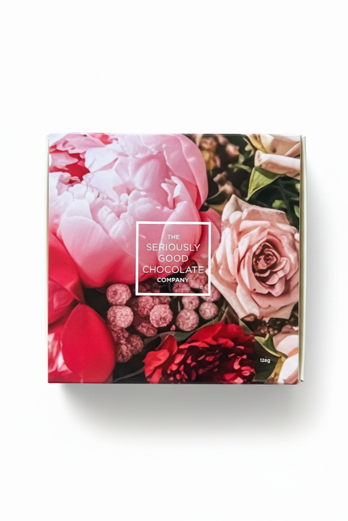 Chocolate box with floral design and 'Seriously Good Chocolate Company' text on a white background