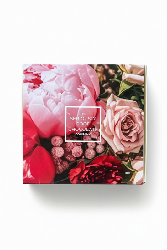 Chocolate box with floral design and 'Seriously Good Chocolate Company' text on a white background