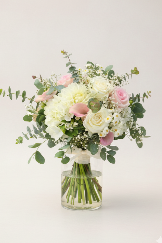 Bouquet of flowers in a clear vase on a white background
