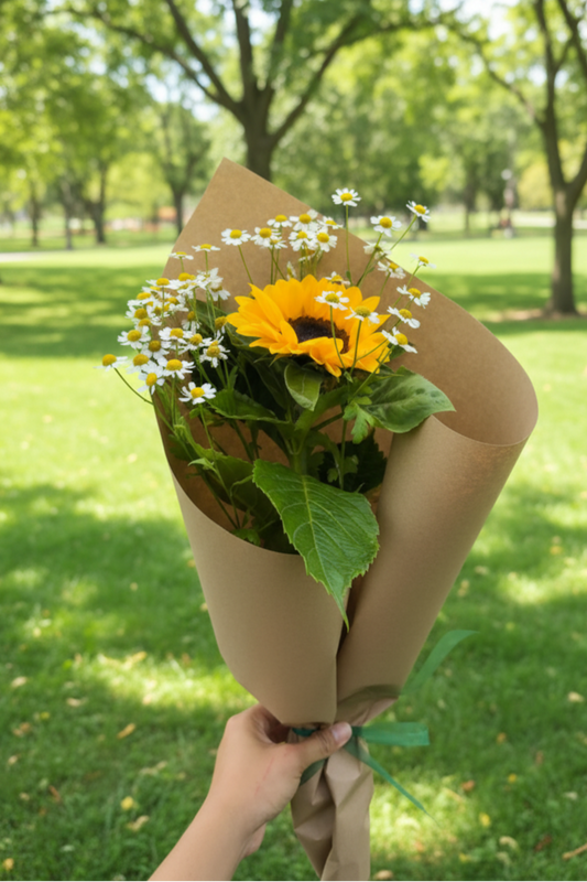 Bouquet of sunflowers and daisies wrapped in brown paper held in a park.