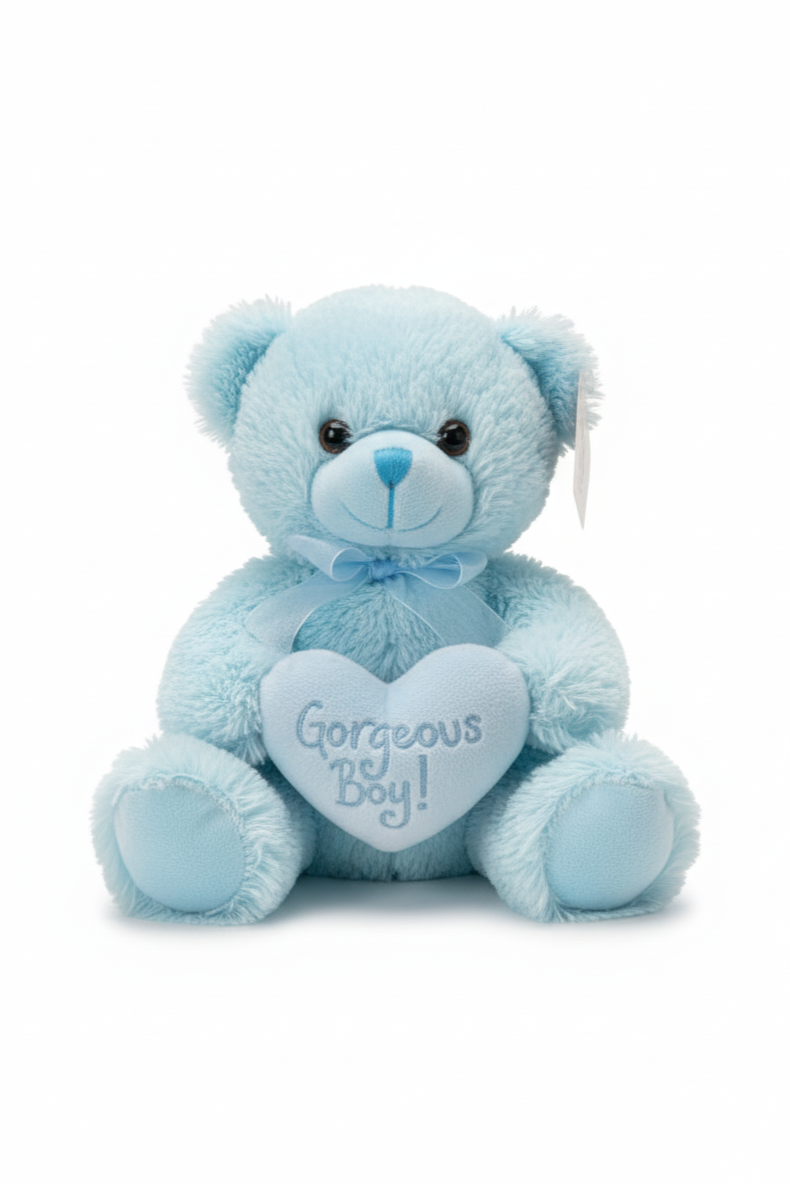 Blue teddy bear with a heart that says 'Gorgeous Boy!' on a white background