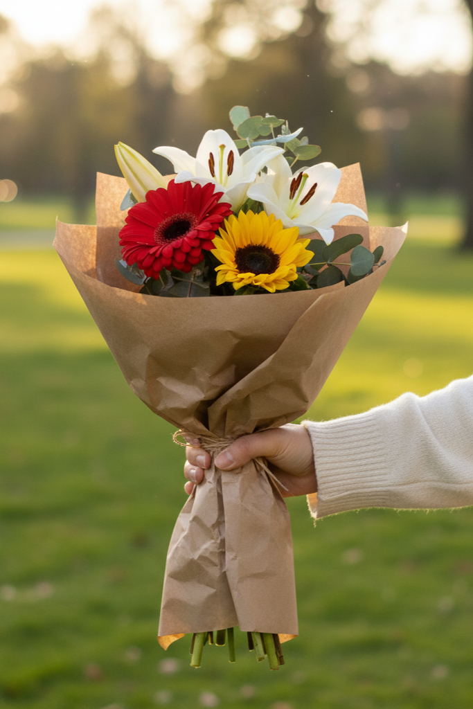 Bouquet of flowers wrapped in brown paper held by a person outdoors.