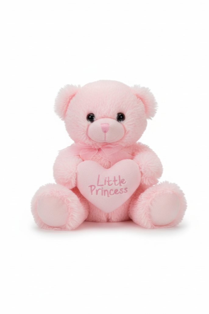 Pink teddy bear with a heart that says 'Little Princess' on a white background