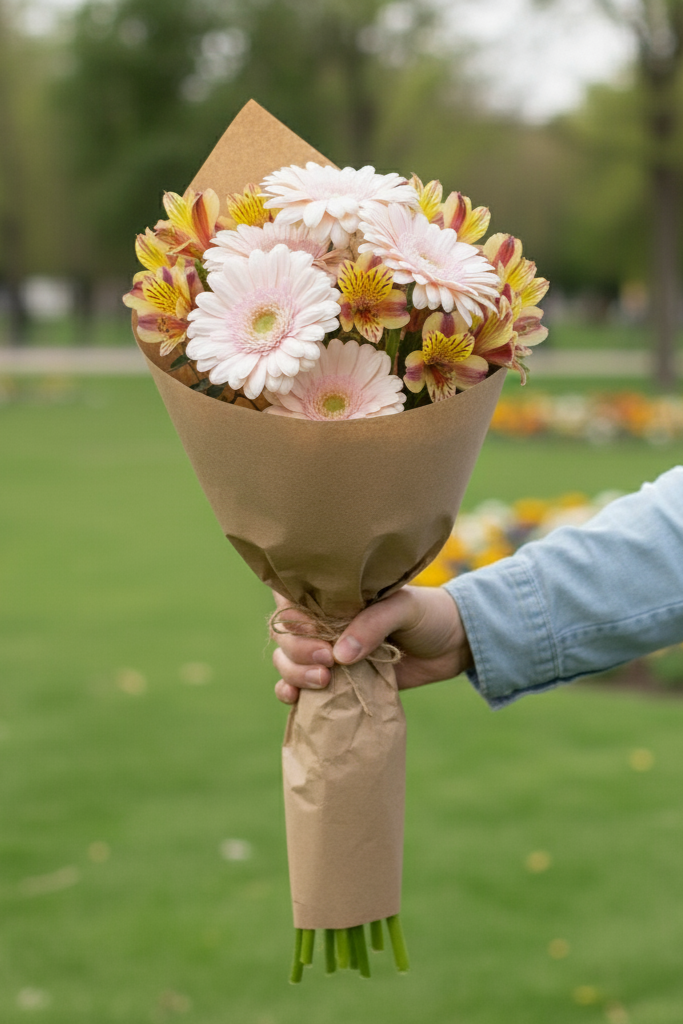 Bouquet of flowers wrapped in brown paper held by a person outdoors.