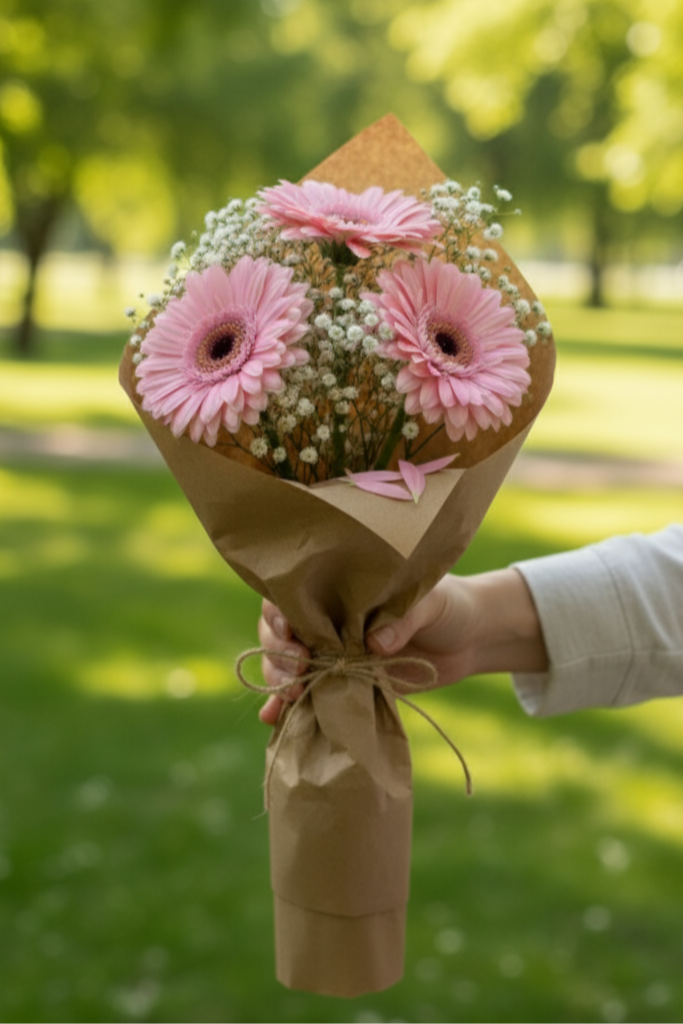 Bouquet of pink flowers wrapped in brown paper held by a person in a park.