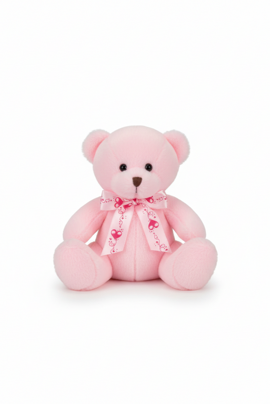 Pink teddy bear with a bow on a white background