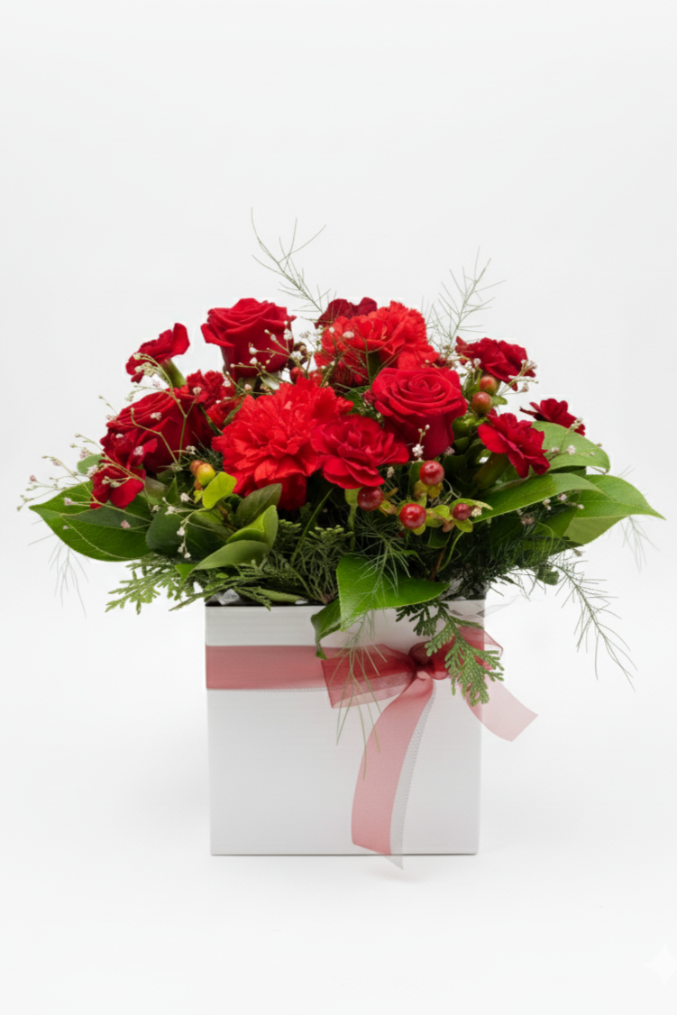 Bouquet of red flowers in a white box with a pink ribbon on a white background