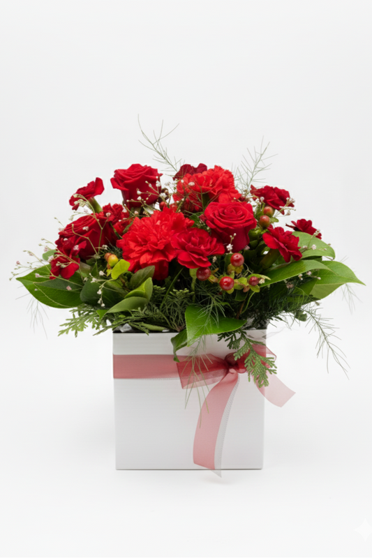 Bouquet of red flowers in a white box with a pink ribbon on a white background