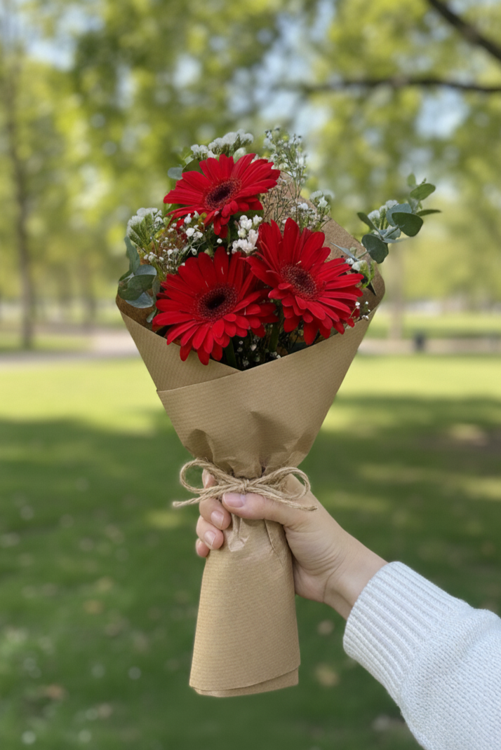 Bouquet of red flowers wrapped in brown paper held by a person outdoors.