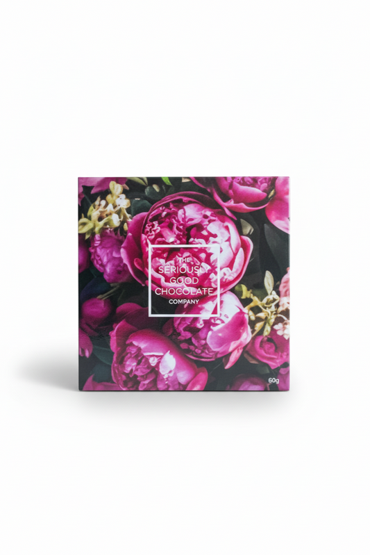 Floral chocolate packaging with a brand logo on a white background