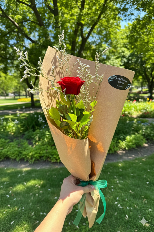 Bouquet of red roses in brown paper with a green ribbon held in a park.