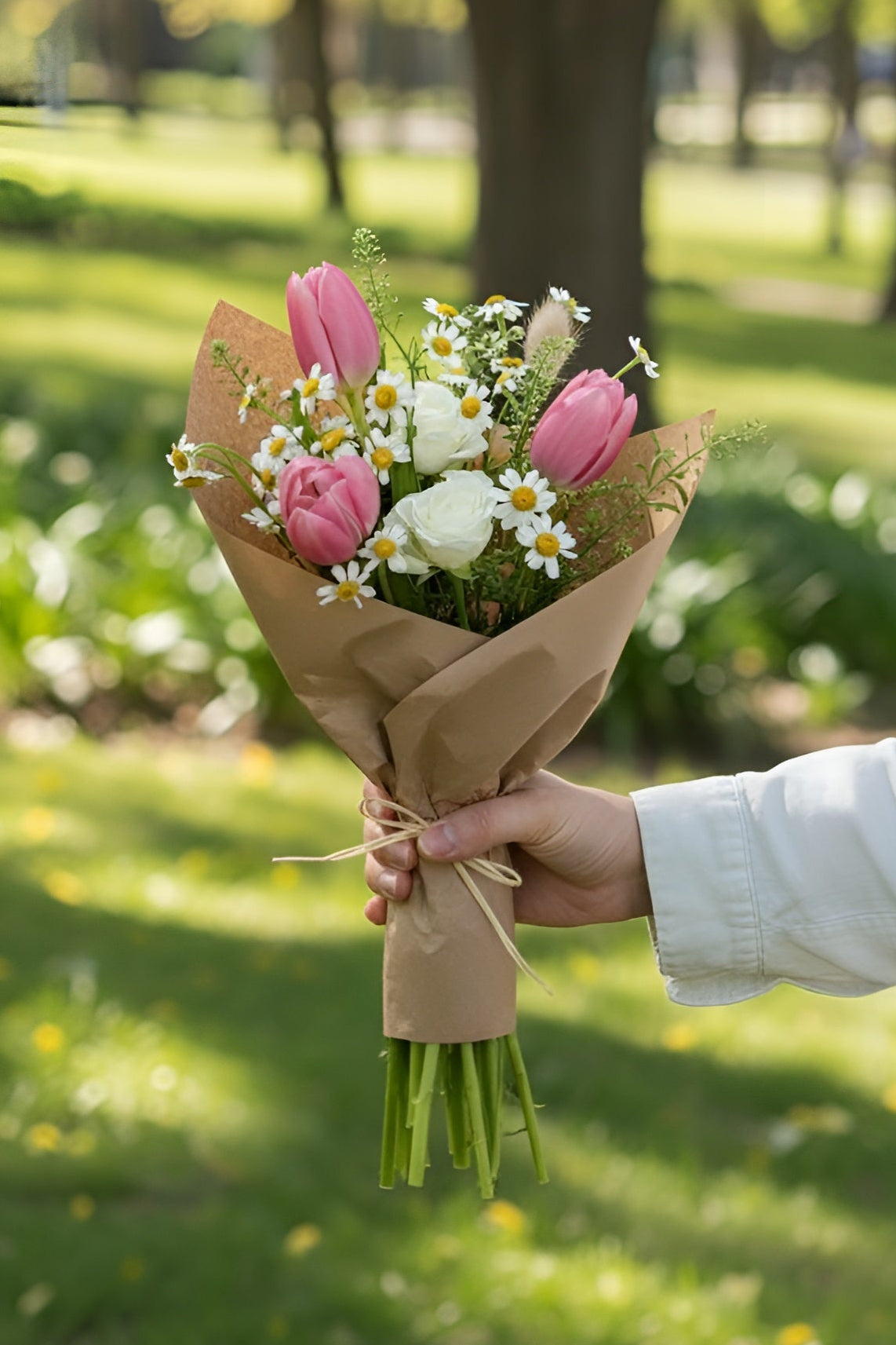 Bouquet of flowers held in a hand with a park background