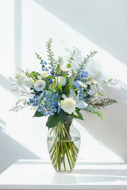 Bouquet of flowers in a clear vase on a white surface with a light background
