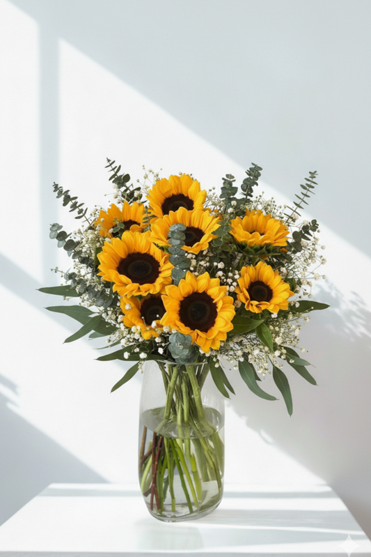 Bouquet of sunflowers in a glass vase on a white surface with a light gray background